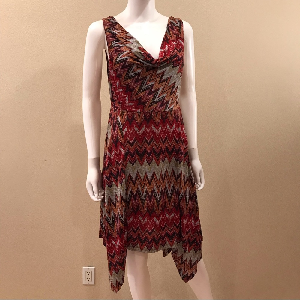 Corey P Sleeveless Dress Size S Fit Flare Orange Reds Earthy Boho Cowl V Neck